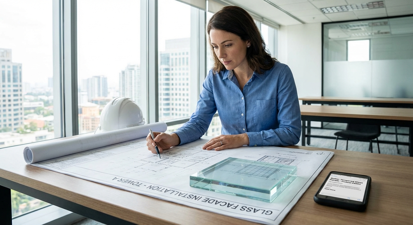 Engineer reviewing glass installation blueprints