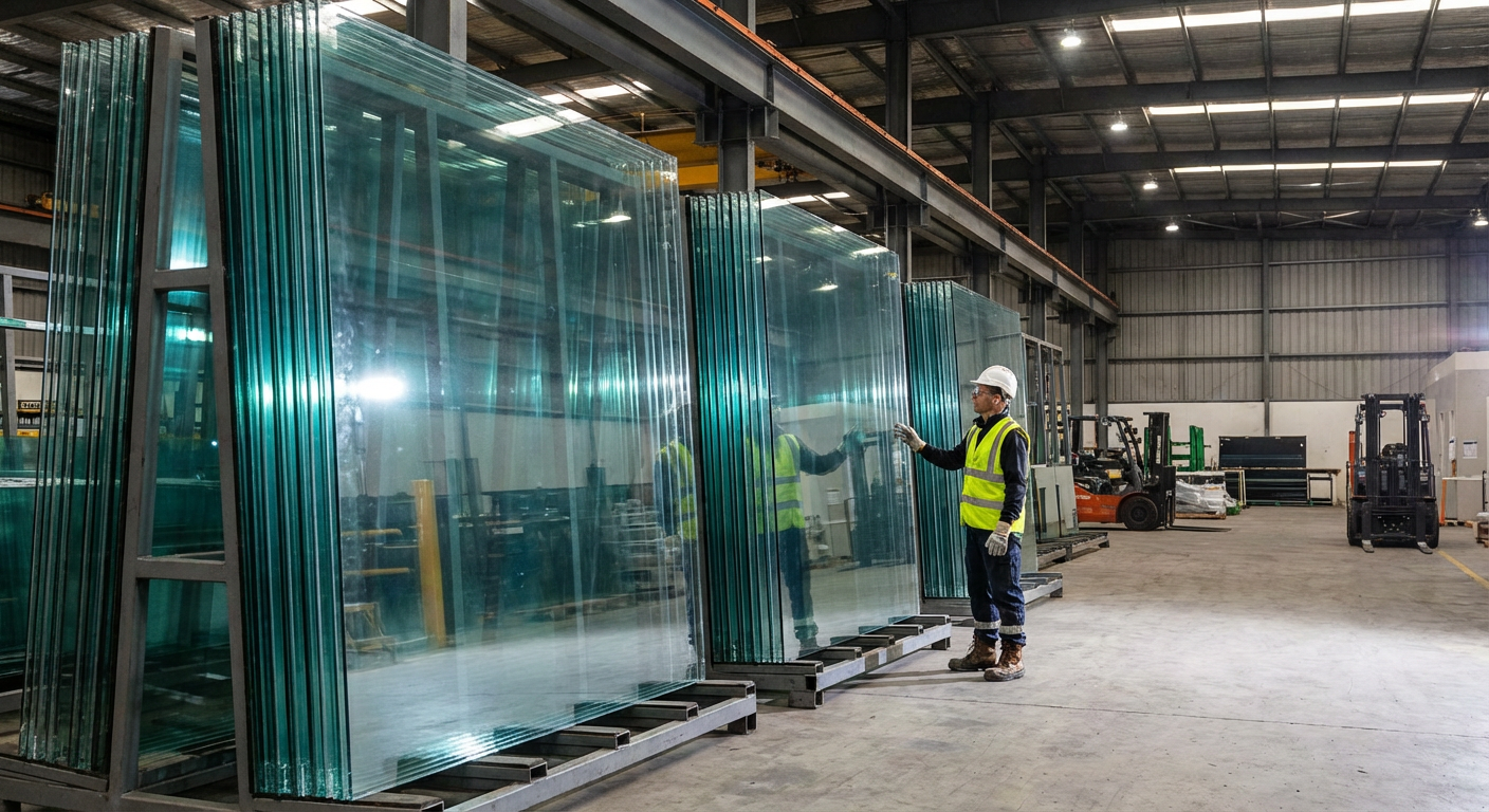 Glass sheets in factory warehouse