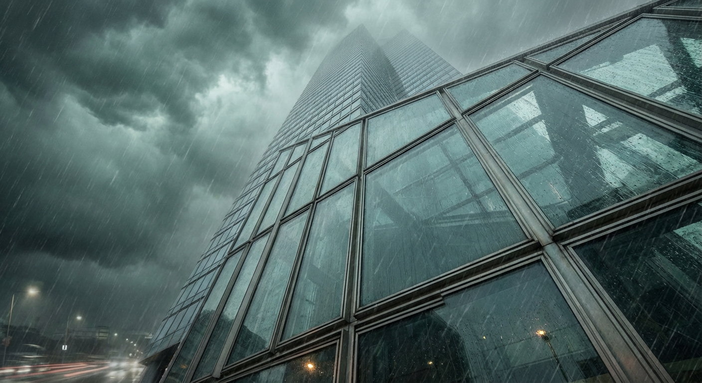 Skyscraper glass facade in storm