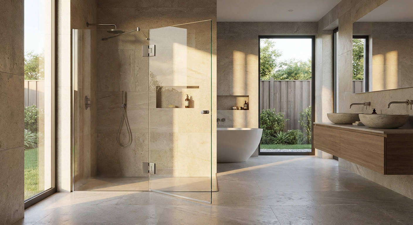 Frameless glass shower door in modern bathroom