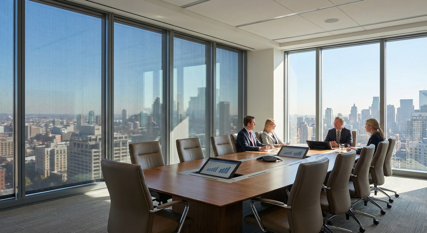modern corporate boardroom cityscape