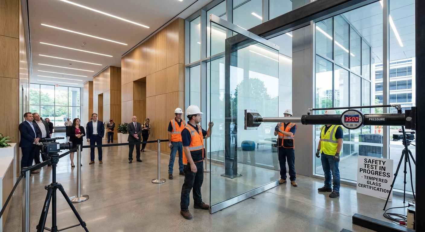 modern office lobby glass door testing