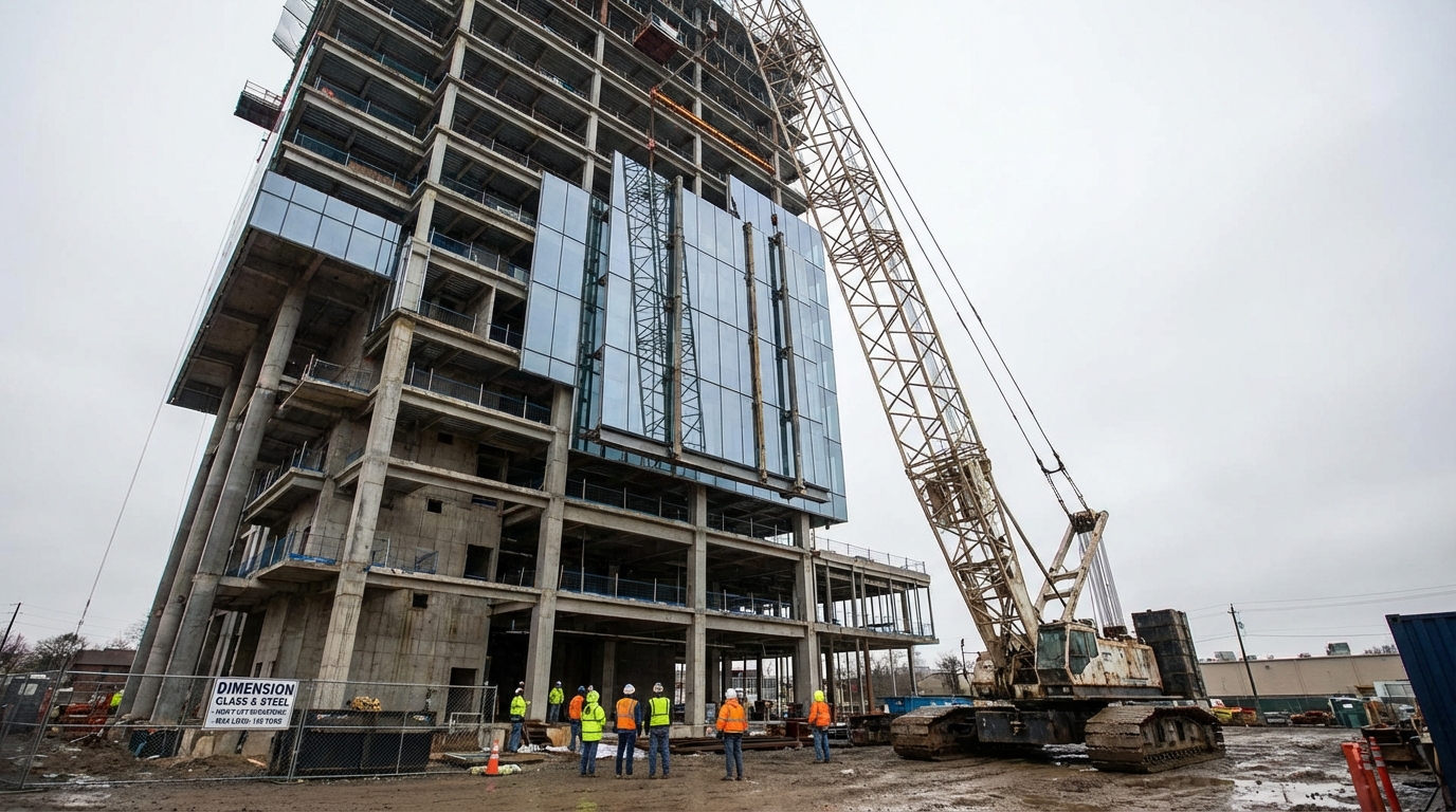construction site glass panels crane