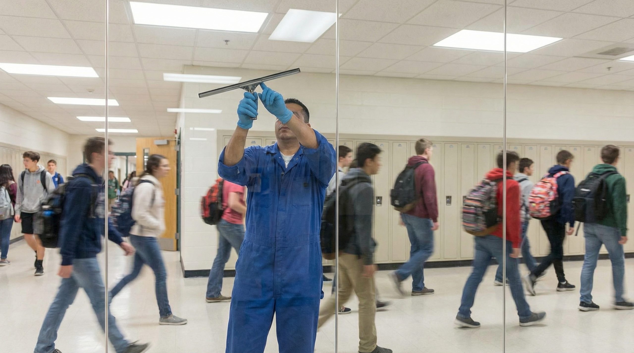 janitor cleaning school glass panel