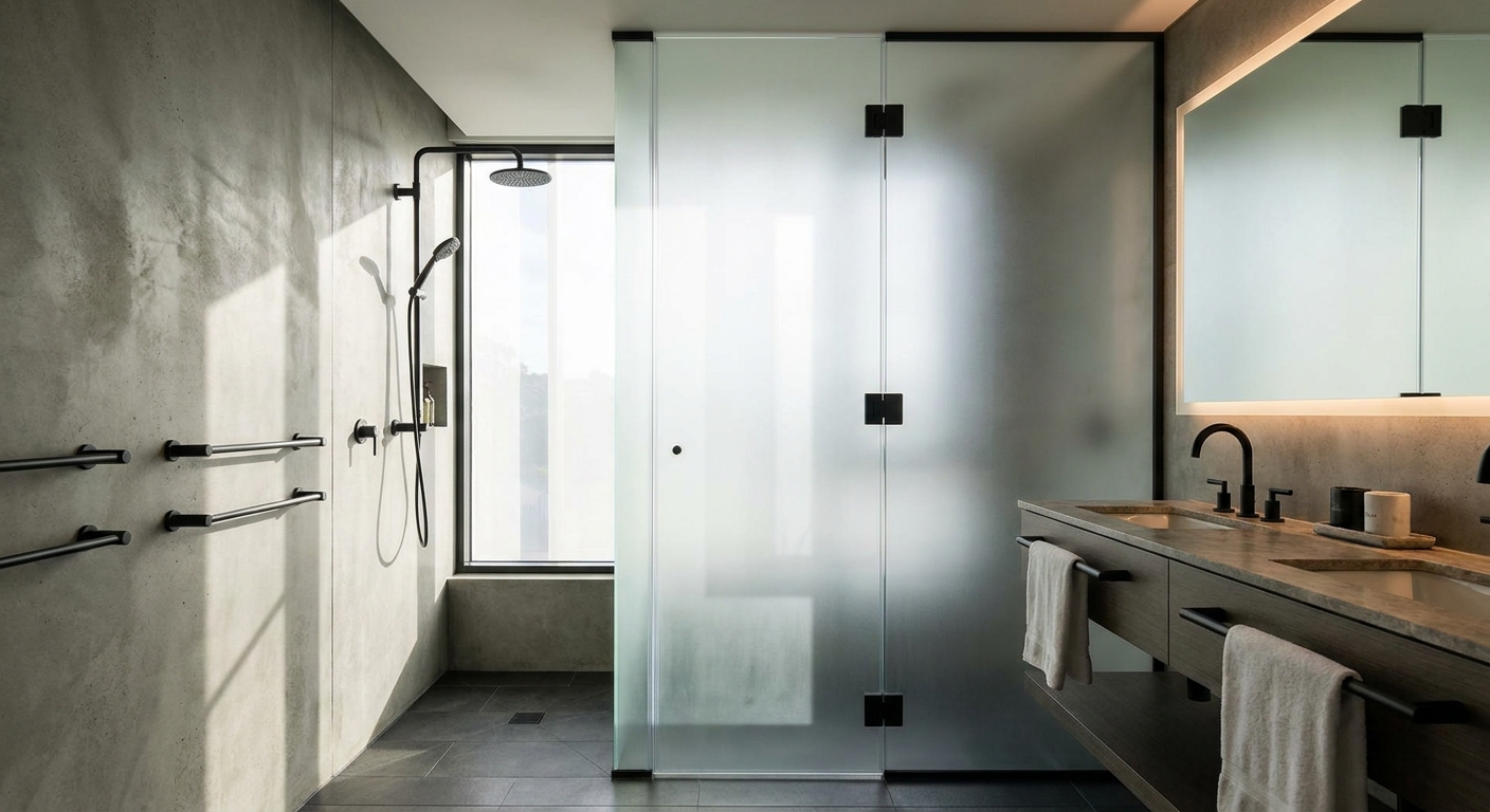 Contemporary Hotel Bathroom with Acid-Etched Frosted Glass Privacy Panels