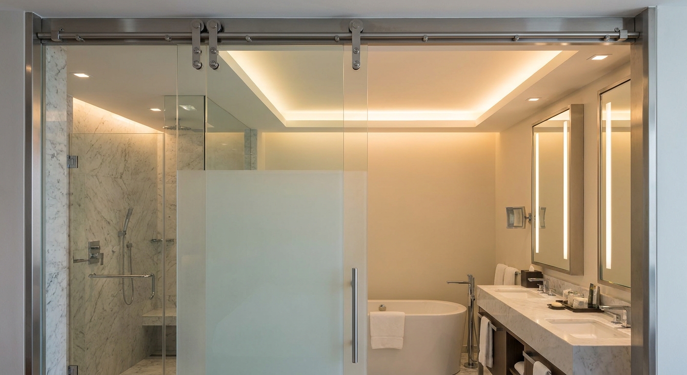 Sophisticated Space-Saving Sliding Glass Door System in Luxury Hotel Bathroom