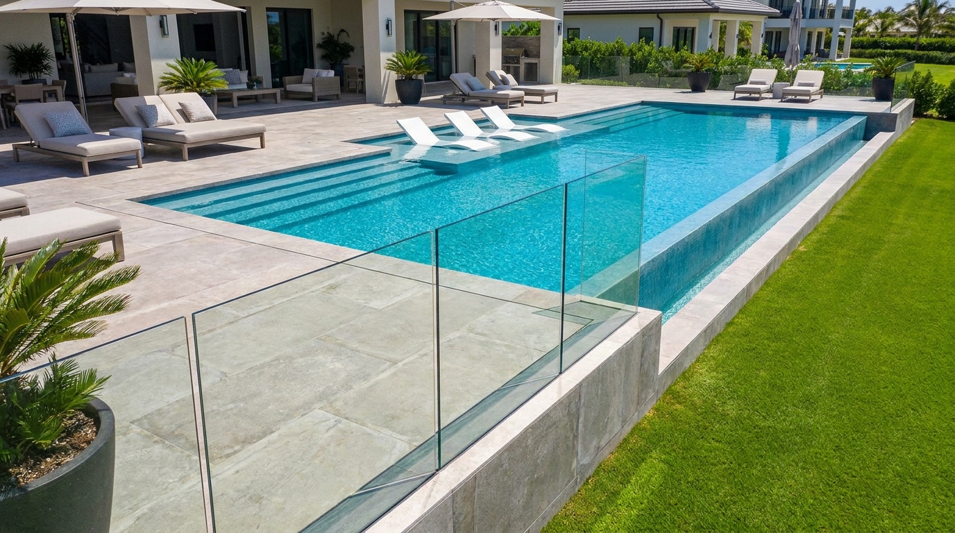 Luxury pool deck glass railing