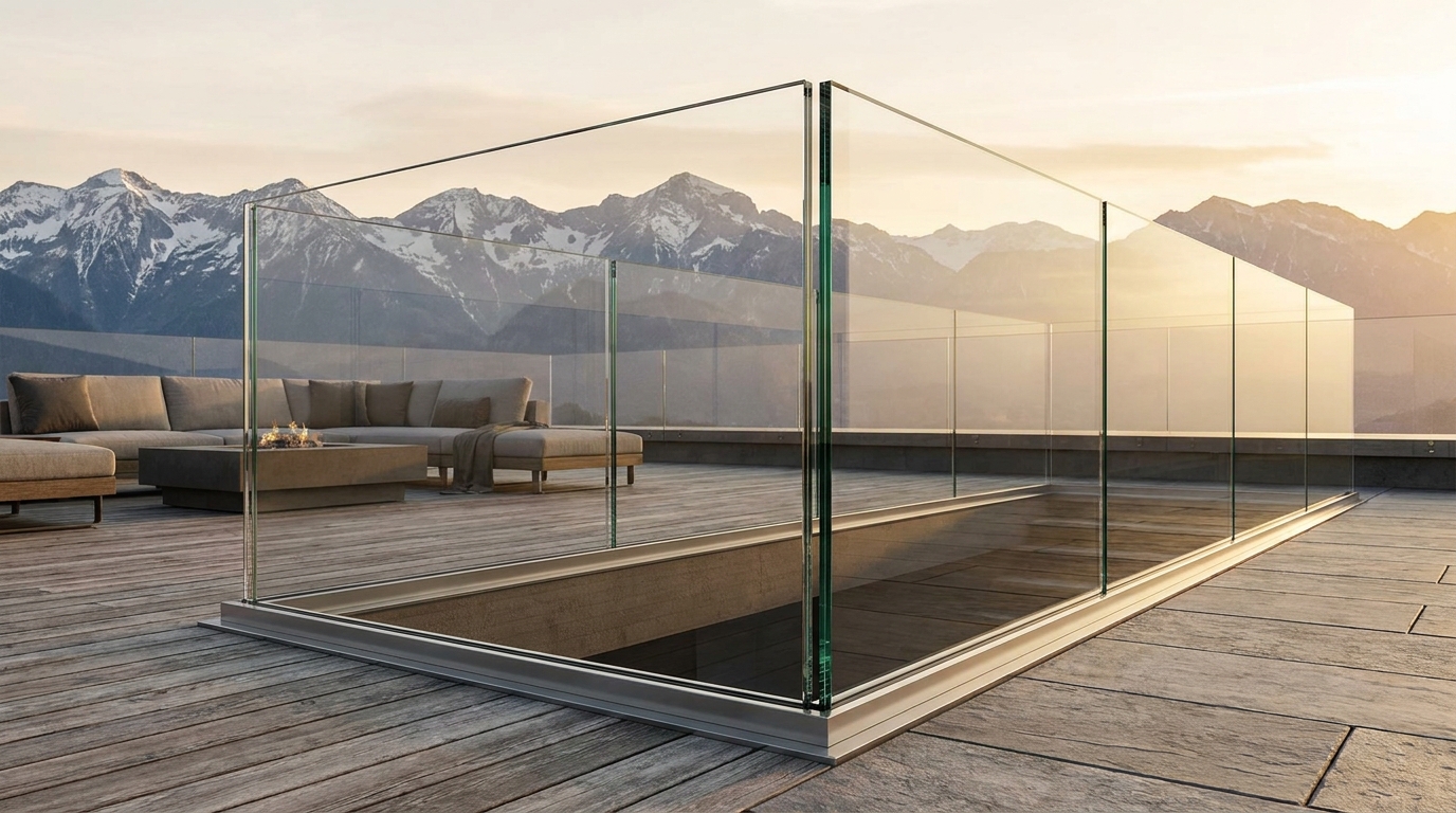 Minimalist glass railing on rooftop