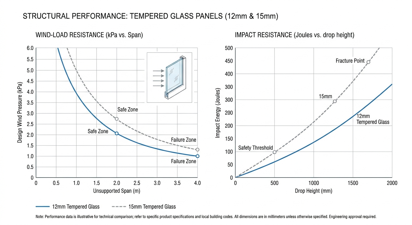 Structural Engineering Analysis of Tempered Glass Wind-Load and Impact Resistance (Technical diagram)